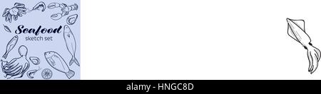 Meeresfrüchte-Vektor-Skizze-Set. Design-Elemente wie von Hand gezeichnet. Stock Vektor