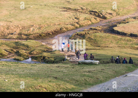 Eine Gruppe von Wanderern auf grobe Tor, als ein Gebiet von außergewöhnlicher natürlicher Schönheit auf Bodmin Moor in Cornwall bezeichnet. Stockfoto