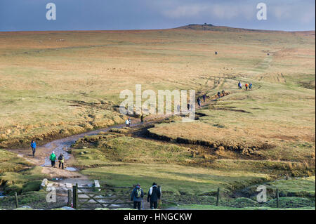Eine Gruppe von Wanderern auf grobe Tor, als ein Gebiet von außergewöhnlicher natürlicher Schönheit auf Bodmin Moor in Cornwall bezeichnet. Stockfoto