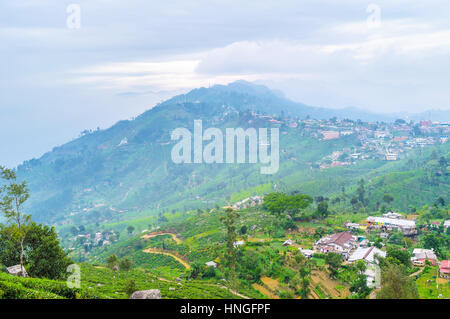 Der Blick auf Haputale von der Bergstraße bei nebligen Wetter Sri Lanka. Stockfoto