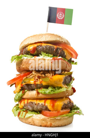 Frisch und lecker XXL Hamburger mit der Flagge von Afghanistan. (Serie) Stockfoto