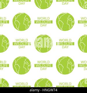 World Wildlife Tag aneinander Hintergrund. Vektor-Design-Element, nahtlose Muster mit Symbol des Planeten Erde. Text und Green Globe auf weiß Stock Vektor