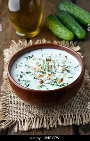 Kalte Suppe Joghurt mit Gurken, Nüssen und Dill, gesunde Ernährung Lebensmittel Stockfoto