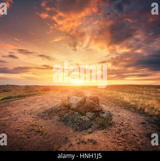 Sommer Landschaft bei Sonnenuntergang. Großen Steinen, grünen und gelben Rasen gegen bewölkter Himmel mit Sonnenlicht. Reisen und Natur Hintergrund. Felsen in der schönen Stockfoto