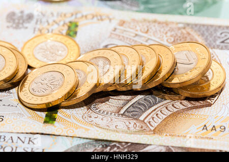 Polnische Banknoten und Münzen fotografiert Nahaufnahme. Gezeigten Details des Geldes mit internationalen Bezeichnung - PLN flache Schärfentiefe, Foto her Stockfoto