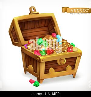 Schatzkiste. Edelsteine und gold-Münzen. 3D Vektor icon Stock Vektor