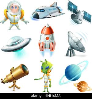 Raum, Raumschiff, Planet, Spaceman, ufo und Satelliten. 3D Vektor Icon-set Stock Vektor