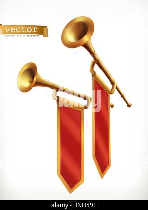 Fanfare. Goldene Trompete. 3D Vektor icon Stock Vektor