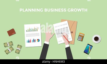 Abbildung eines Mannes Planung Unternehmenswachstum mit Papierarbeiten, Taschenrechner und Geld auf Tisch Stock Vektor