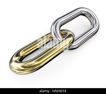 2 Kette Links von Gold und Silber auf weißem Hintergrund. 3D Render. Stockfoto
