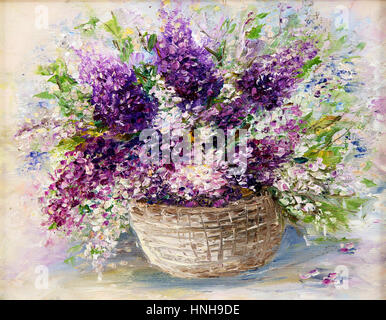 Original Ölgemälde schöne Vase oder Schale mit frischem Lavendel Blumen.  auf Leinwand. Moderne Impressionismus, moderne, marinism Stockfoto