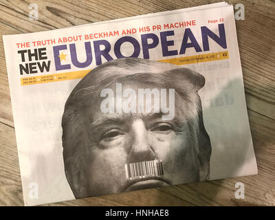 US-Präsident Donald Trump auf der Titelseite der neuen europäischen Zeitung Stockfoto