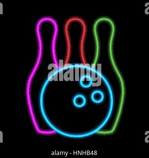 Bowling Ball und Kegeln Neonlichter. Vektor-Illustration. Stock Vektor