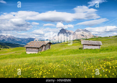Idyllische Berglandschaft der Dolomiten mit traditionellen alten Chalets und Wiesen an einem schönen sonnigen Tag im Sommer, Alpe di Siusi, Italien Stockfoto