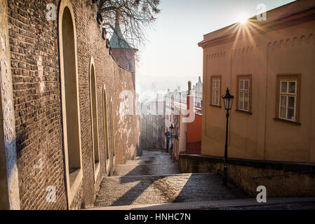 Schlossstiege im Sonnenaufgang, Böhmen, Tschechische Republik, Europa Stockfoto