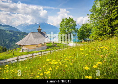 Schöne Landschaft in den Alpen mit Kapelle und grüne Wiesen voller blühender Blumen an einem sonnigen Tag mit blauem Himmel und Wolken im Frühjahr, Zell am See Stockfoto