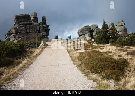 Drei Ferkel (Trzy Swinki) rock Formation im Riesengebirge (Krkonose), Sudeten, Polen und Tschechien Grenze, Europa Stockfoto