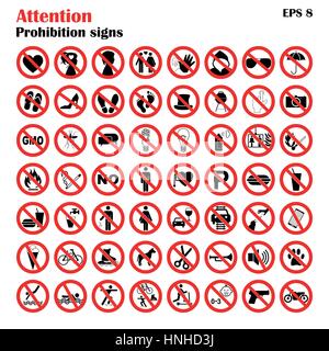 Verbot Sammlung Zeichen Symbole, von Vektor-Illustration isoliert auf weiss. Roter Kreis verboten. Stock Vektor