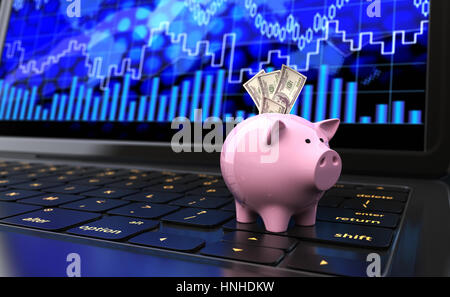 Sparschwein mit Dollar-Banknoten auf einer Laptop-Tastatur. 3D illustration Stockfoto