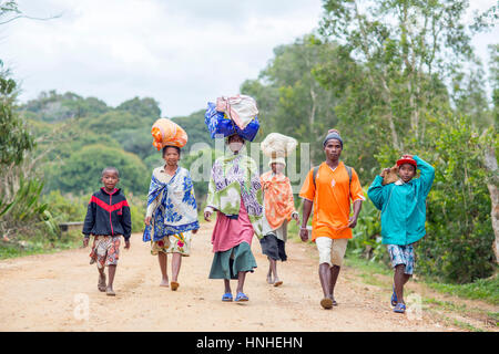 Madagassische Familie gehen auf dem Feldweg von einem Dorf zu einem anderen transportieren Taschen auf ihren Köpfen Stockfoto