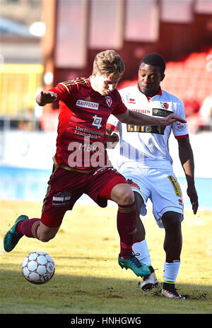 Sion, Schweiz. 12. Februar 2017. Raiffeisen Superliga, FC Sion - FC Vaduz, Geoffrey Bia (FC Sion 63) Duell mit Philipp Muntwiler (FC Vaduz 27) Credit: Cronos Foto/Alamy Live News Stockfoto