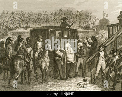 Französische Revolution. Hinrichtung von Ludwig XVI. von Frankreich (1754-1793) auf dem Platz der Revolution (Concorde-Platz). 21. Januar 1793. Der König wird zum Schafott geführt. Paris. Gravur. des 19. Jahrhunderts. Stockfoto