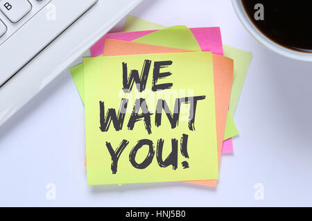 Wir möchten, dass Sie Jobs, Job recruitment Mitarbeiter Karriere Schreibtisch computer Tastatur Stockfoto