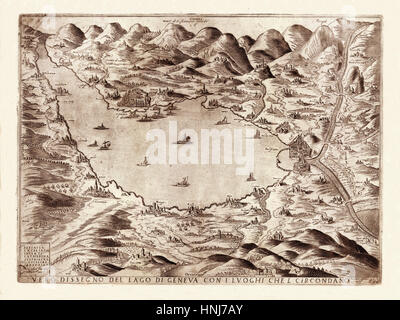 Karte des Genfersees 1590 Stockfoto