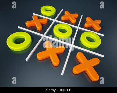 Tic tac Toe Spiel auf schwarzem Hintergrund isoliert. 3D Illustration. Stockfoto