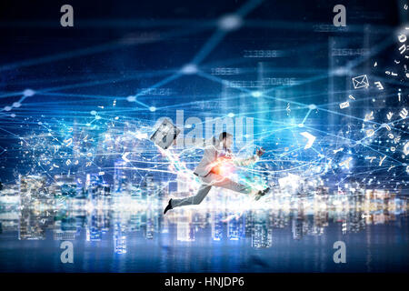 Fröhliche Geschäftsmann vor Verbindung Hintergrund laufen in Eile. 3D-Rendering Stockfoto