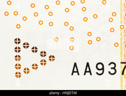 Polnische Banknoten fotografiert Nahaufnahme. Gezeigten Details der Rechnungen. Internationale Bezeichnung - PLN Stockfoto