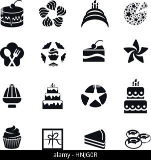 Isoliert, schwarze farbige Icons, Kuchen, Muffins, Donuts, Kuchen Logos setzen auf weißem Hintergrund-Vektor-Illustration Stock Vektor