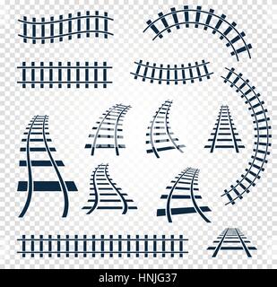 Kurvig und gerade Schienen Set, Bahn Draufsicht Sammlung isoliert Leiter Elemente Vektor-Illustrationen auf weißem Hintergrund. Stock Vektor