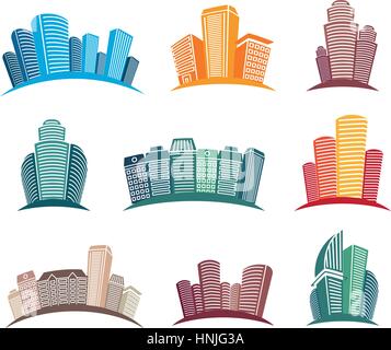 Isolierte bunte Wolkenkratzer Embleme Set, Stadtbild von architektonischen Gebäuden im Cartoon Stil Vektor Illustrationen Sammlung. Stock Vektor