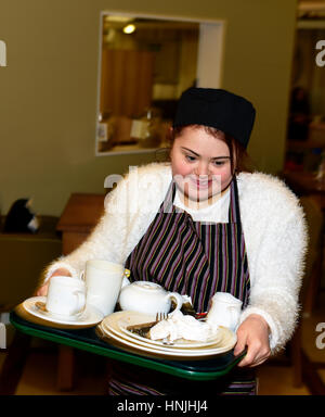 18 jährige besonderen Bedürfnissen Schüler Unternehmen Berufserfahrung im Café ein Gartencenter, in der Nähe von Farnham, Surrey, UK. Stockfoto