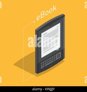 Elektronische Leser Buch mit Tastatur. Neue 3d bunte Symbol. Mobiler Tablet-Gerät. Moderne Gadget. Isometrische flache Abzeichen. Bildung-Symbol-Logo. Illustra Stock Vektor