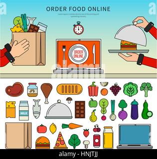 Dünne Linie flache Bauweise an verschiedenen Speisen. Symbole für Bestellung Lebensmittel Online-apps, Fleisch, Fisch, Gemüse, Obst, Fastfood, Käse isoliert auf weißem Hinterg Stock Vektor