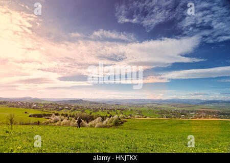 Reisenden auf grünen Frühlingswiese. Dorf am sonnigen Frühlingstagen grünen Ausläufern. Obstgarten blüht auf Hügeln. Sonnigen grün blühende Frühlingslandschaft. Stockfoto