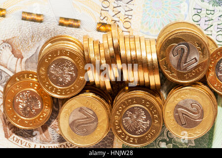 fotografierten Nahaufnahme polnischen Geld - Zloty, Banknoten und Münzen Stockfoto