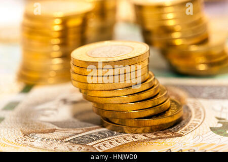 fotografierten Nahaufnahme polnischen Geld - Zloty, Banknoten und Münzen Stockfoto