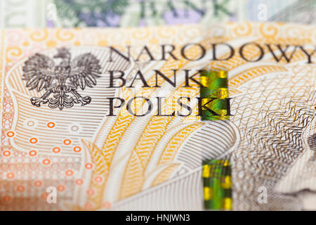 Polnische Banknoten fotografiert Nahaufnahme. Dargestellten Kosten Geld zwei hundert Zloty. Kleine Schärfentiefe Stockfoto