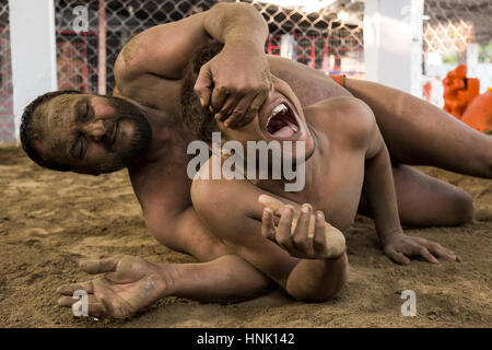 Ringkampf. Auf ca. 07:00 üben lokalen Wrestler ihre Kunst auf einer kleinen Käfig Fläche Sand gesetzt gerade zurück aus dem Fluss. Kolkata, Westbengalen, In Stockfoto