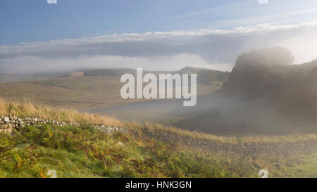 Der Hadrianswall: tiefliegende herbstlichen Nebel verdeckt den Blick auf die Nord-Ost von Nick (die Lücke, die Valley) zwischen Cuddy und Housesteads Klippen Stockfoto