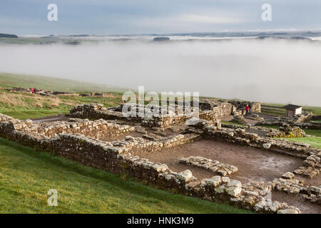 Der Hadrianswall, römisches Kastell Housesteads: der Blick nach Südosten über einen Teil der Überreste der befehlshabende Offizier Haus an einem nebligen Herbsttag Stockfoto