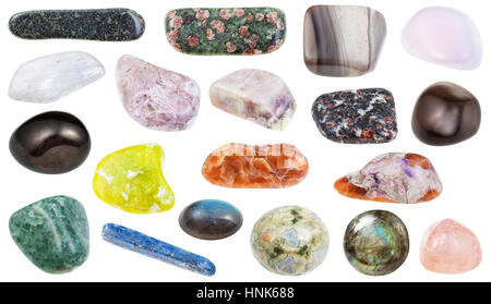 Sammlung von verschiedenen polierte Mineralien - Petalite, Castorite, Disthen, Charoite, Tinaksite, Lizardite, Hornblenden, Amphibol, Jet, Cancrinite, Stockfoto