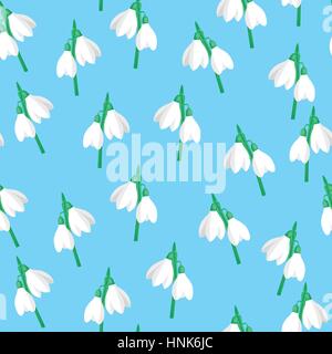 Vektor nahtlose Muster mit weißen Schneeglöckchen Blumen und grünen Blättern auf einem blauen Hintergrund. Stock Vektor