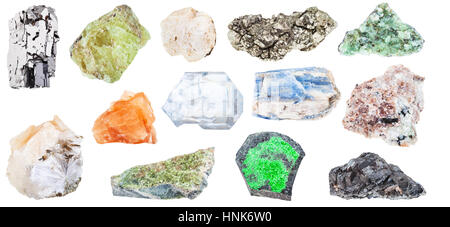 Sammlung von verschiedenen natürlichen Mineralkristalle - Galena, Hämatit, Chabasit, Anapaite, Disthen, Miserite, Thomsonite, Coelestin, Celestite, Markasit Stockfoto