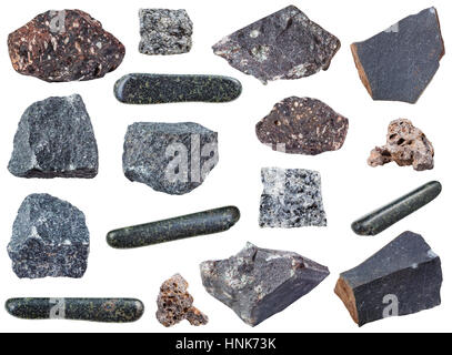 Sammlung von getrommelt und rohes Mineral Basaltsteinen isoliert auf weißem Hintergrund Stockfoto