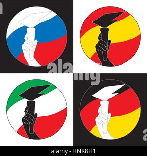 Mannes Arm, wobei die ewige Flamme auf dem Hintergrund der Flagge von Russland, Spanien, Italien, Deutschland Land. Vektor-logo Stock Vektor