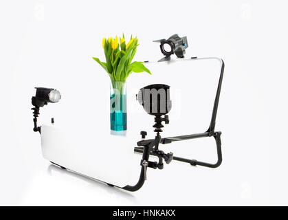 Still Life Foto Aufnahmetisch mit Lichtern und Tulpen, isoliert auf einem weißen Hintergrund für eBay, Amazon oder Produkt photograpy Stockfoto